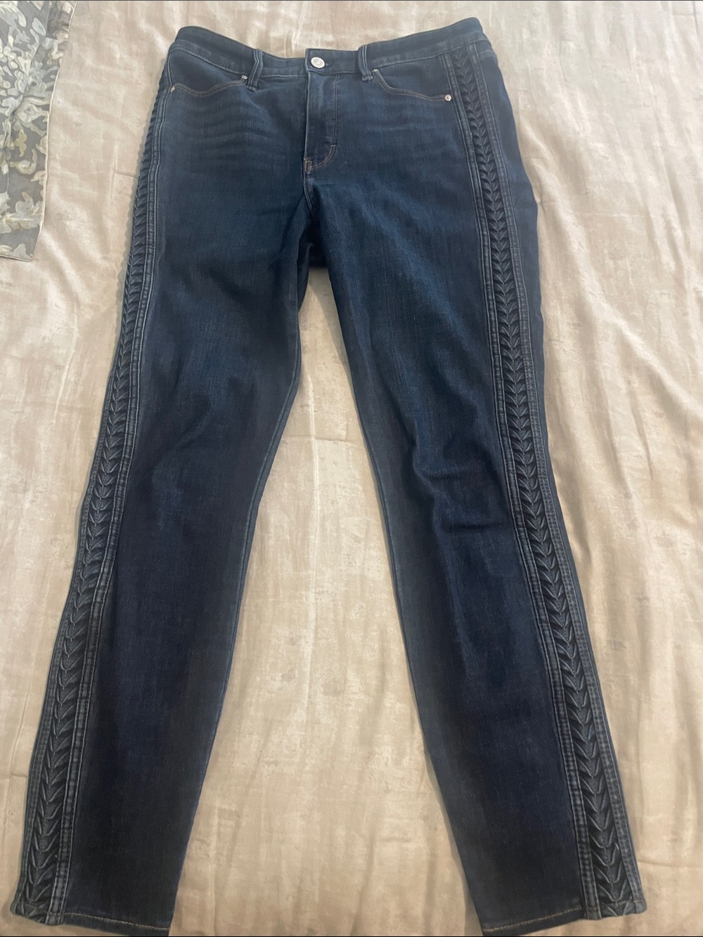 White House Black Market Women's Dark Blue Jeans with Side Braid Detail Size 8